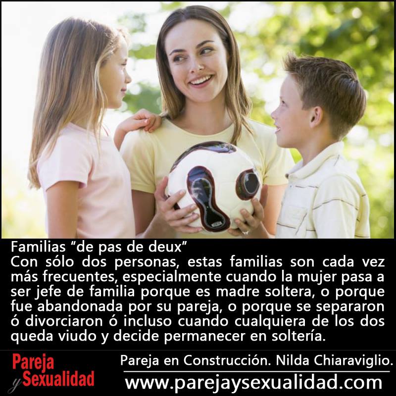 Familias “de pas de deux” Con sólo dos personas, estas familias son cada vez más frecuentes, especialmente cuando la mujer pasa a ser jefe de familia porque es madre soltera, o porque fue abandonada por su pareja, o porque se separaron ó divorciaron ó incluso cuando cualquiera de los dos queda viudo y decide permanecer en soltería. Pareja en Construcción. Nilda Chiaraviglio.